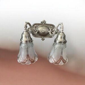 Restoration Hardware Vintage Style Silver Wall Sconce with Frosted Glass Shades